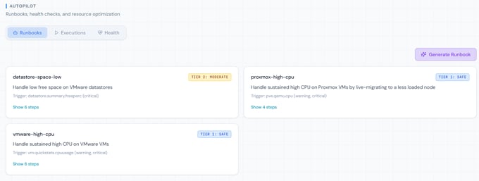 OpIntel Autopilot view listing AI-generated runbooks with safety tiers and execution history