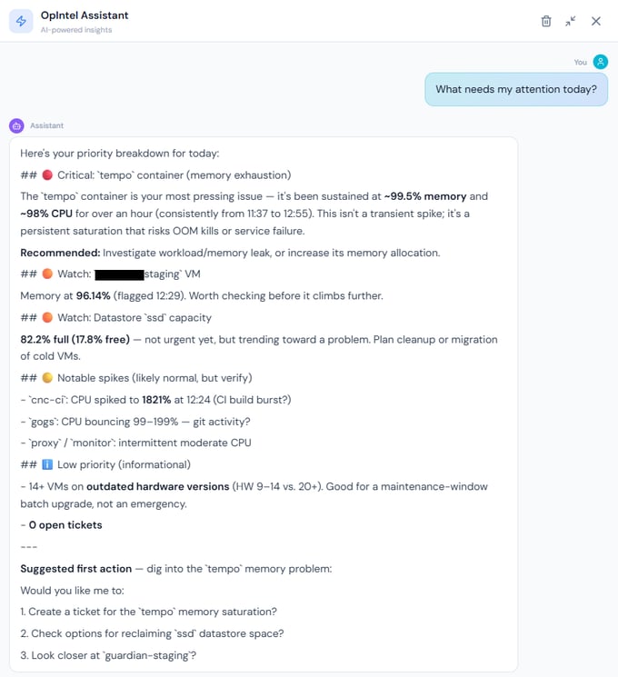 OpIntel AI assistant answering “what needs my attention today?” with results from a live mixed estate.