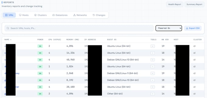 OpIntel change-tracked inventory of VMs, hosts, clusters, datastores, and networks with one-click CSV export.