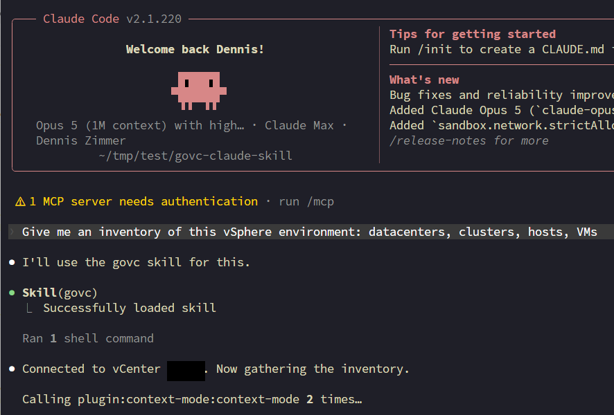 Claude Code loading the govc skill and connecting to vCenter