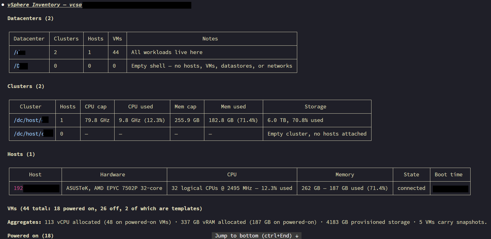 Inventory report: datacenters, clusters, host hardware, VM aggregates