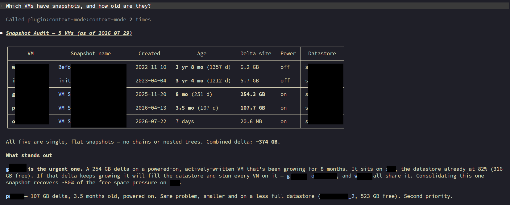 Snapshot audit with age, delta size, and prioritized risk analysis