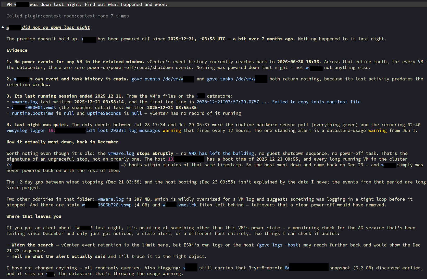Claude disproving the premise: the VM went down in December, not last night